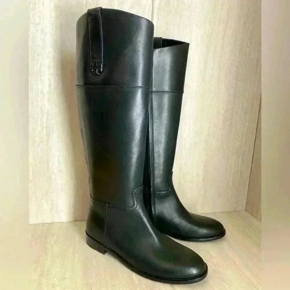 NEW Tory Burch Double T Black Leather Riding Boot Women’s Size 6M